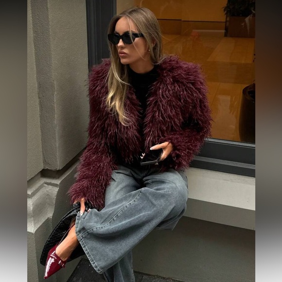 Jackets & Blazers - Luxury Vintage-Style Faux Fur Jacket – Burgundy Plush Statement Coat